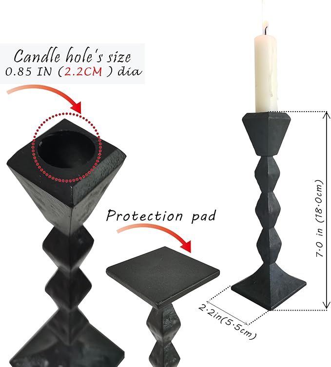 Antique Iron Taper Candle Holders - Set of 2 Decorative Candlesticks, Black Finish Candle Stand for Weddings, Dining, and Parties (Black, Square)