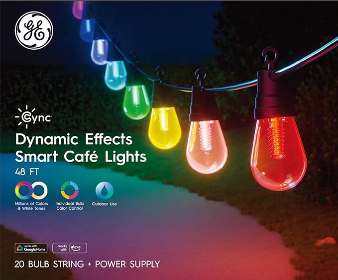 Cync GE Dynamic Effects Smart Cafe Lights, Color Changing Patio String Lights, Compatible with Alexa and Google, 48ft