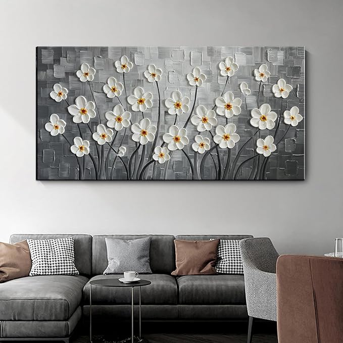 YaSheng Art - 24x48inch Abstract Art Painting，Oil Painting on Canvas Texture Black and white flower Oil Painting Hand-Painted Abstract Artwork Canvas Wall Art Paintings Modern Home Decor Art