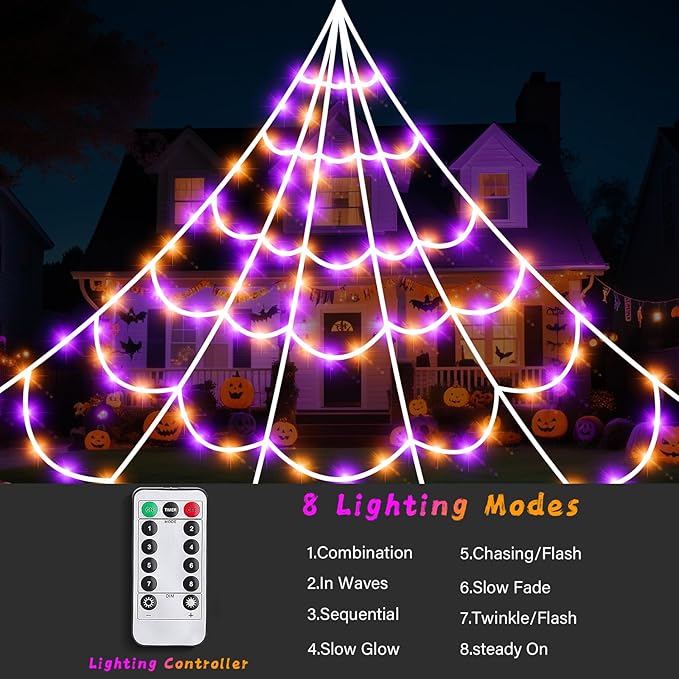 Halloween Spider Web Lights 250 LED Lighted Giant 16.4 Ft Halloween Decorations Light up with 8 Lighting Modes Outdoor Indoor Yard House Decor, Purple & Orange (250LED 16.4 FT Giant Spider Web)