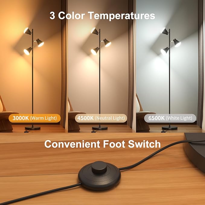 Floor Lamps for Living Room, 36W LED Floor Lamp Standing Lamp with Foot Switch, 3 Color Temperatures Living Room Lamps, 3 Rotatable Light Modern Floor Lamps for Living Room Bedroom Office