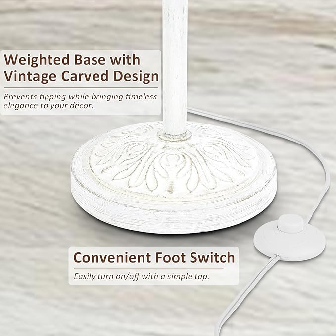 65’’ Vintage Floor Lamp for Living Room, Traditional White Standing Lamp with Carved Resin Base and Foot Switch, Classic Farmhouse Tall Pole Lamp, Bedroom, Office