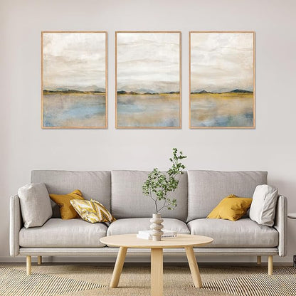 HLNIUC Large Abstract 3 Piece Wall Art 16x24, Neutral Distant Mountain Wall Decor, Watercolor Beige Dusty Nature Landscape Painting, Modern Pastel Scenery Art Prints for Living Room, Bedroom, Office