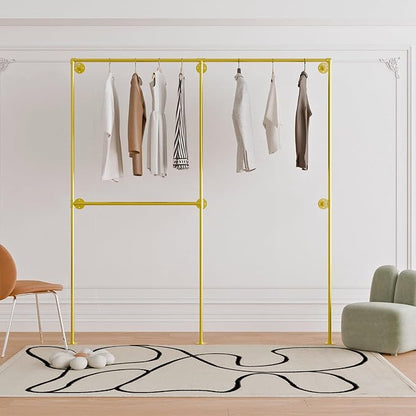 Industrial Pipe Clothing Rack, Heavy Duty Wall Mounted Clothes Rack,Retail Display Hanging Garment Rod for Laundry Rooms, Closet Storage, 14.6x75x82.7 Inches, Model K08 Gold
