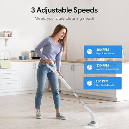 Electric Spin Scrubber, 2025 New Cordless Cleaning Brush, Shower Cleaning Brush with 7 Replaceable Brush Heads, Power Scrubber 3 Adjustable Speeds, Detachable Long Handle & IPX7 Waterproof