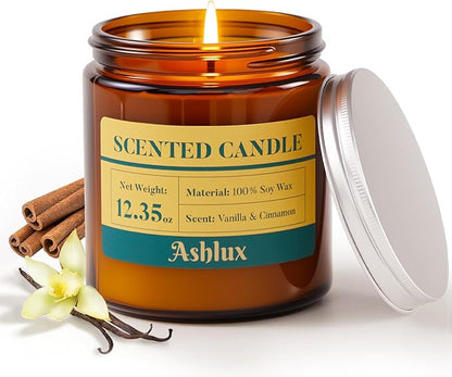 Vanilla and Cinnamon Candle,12.35oz Scented Candles with 8% Essential Oils,70 Hour Burn Time Soy Wax Candles for Home Decor,Reading,Jar Candle Gifts for Women and Men