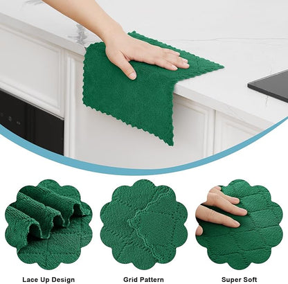 Homaxy 24 Pack Kitchen Dish Cloths (10 x 10 Inches, Dark Green), Super Soft and Absorbent Coral Velvet Dish Towels, Nonstick Oil Fast Drying Microfiber Cleaning Cloth, No Lint Household Dishcloths