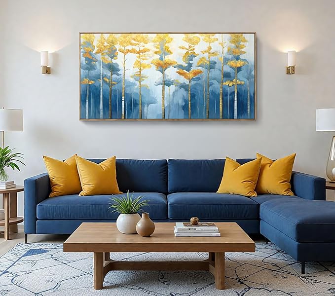 ARTZON Oversized Framed Wall Art Large Modern Abstract Blue Yellow Birch Tree Canvas Print Decorative Forest Picture Horizontal Landscape Artwork for Living Room Office Bedroom Over Bed Decor 58"x29"