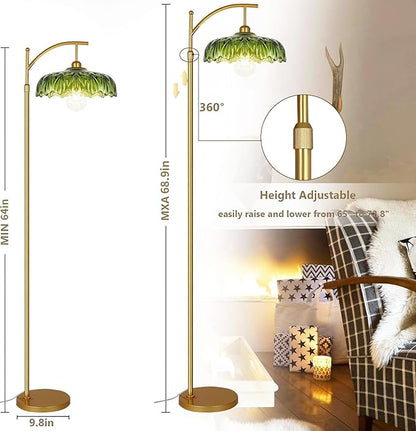 Gold Floor Lamp for Living Room,Bedroom,Mid Century Modern Standing Lamp with Remote,Dimmable Brass Tall Lamp Green Glass Lamp Shade Vintage Retro Arc Floor Lamps Floor Light Boho Bohemian