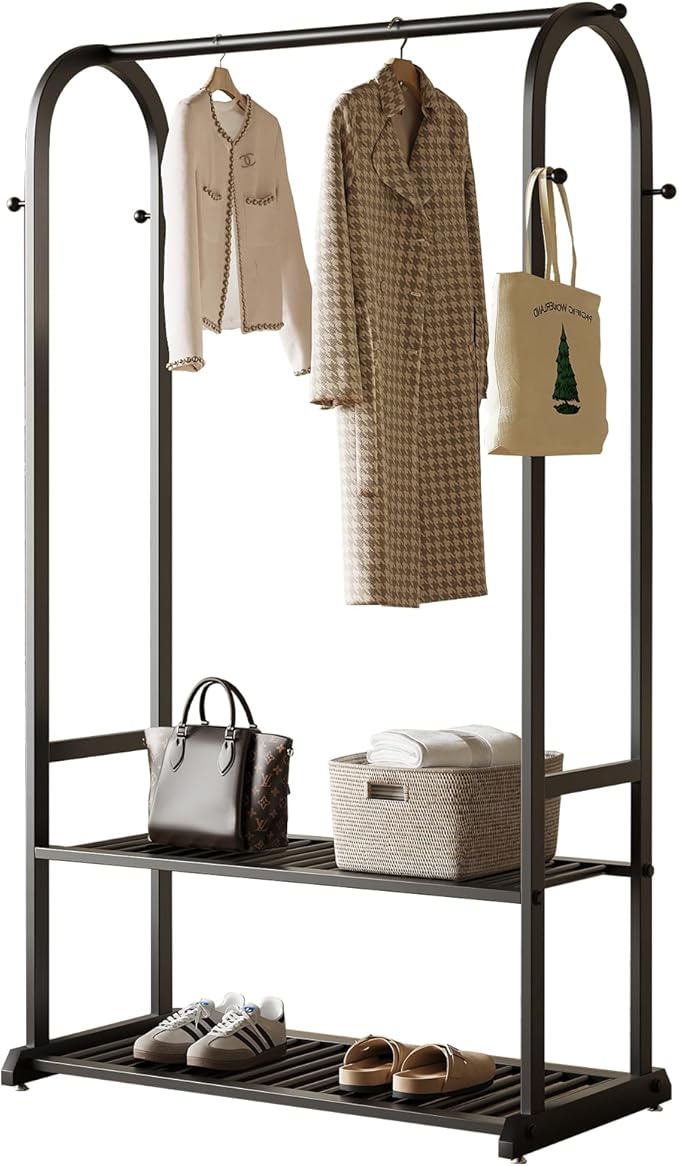 Black Clothing Rack,Heavy duty clothes rack with 2-tier Bottom Shelves, Garment Rack with 6 Side Hooks for Hanging Clothes, Coats, Shirts (black, 31.5in)