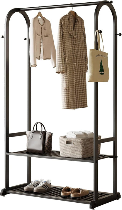 Black Clothing Rack,Heavy duty clothes rack with 2-tier Bottom Shelves, Garment Rack with 6 Side Hooks for Hanging Clothes, Coats, Shirts (black, 31.5in)