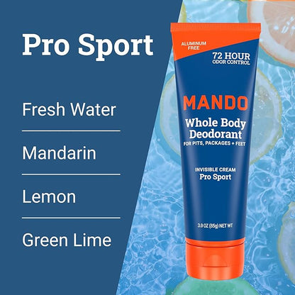 Mando Whole Body Deodorant For Men - Invisible Cream - 72 Hour Odor Control - Aluminum Free, Baking Soda Free, Skin Safe - 3 Ounce Tube (Pack of 2) - Pro Sport and Mount Fuji