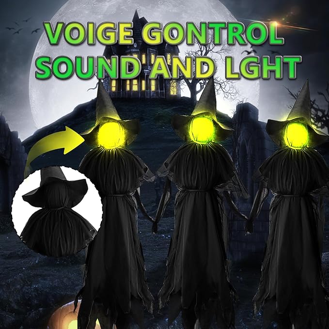 Halloween Witches Outdoor, 3 Light Up Witches Holding Hands with Stakes, Witch Decorations with Glowing Face for Yard Garden Outside Lawn Porch