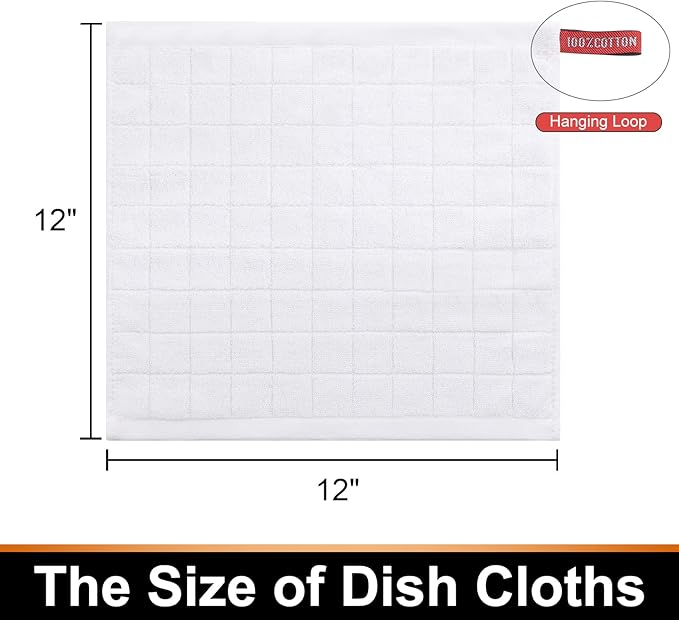 Mordimy 100% Cotton Terry Cloth Dish Cloths, Soft and Absorbent Checkered Dish Towels, Quick Drying Dish Rags for Washing Dishes, 6 Pack, 12 x 12 Inches, White