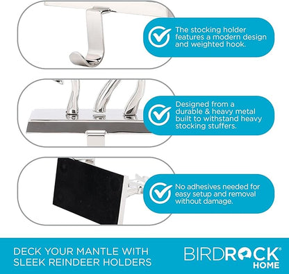 BIRDROCK HOME Christmas Stocking Holders for Mantle - Weighted Metal Hanger for Stockings & Holiday Decor - Sturdy Metal Hook for Fireplace, Staircase & Shelf - Non-Scratch Base - Reindeer