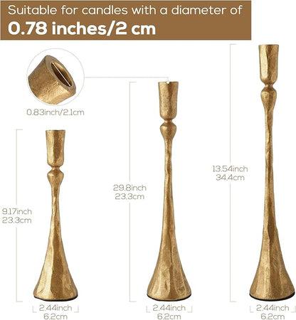 Vintage Gold Taper Candle Holders Set of 3 Cast Iron Antique Brass Decorative Candlestick Holder for Wedding Dining Table Party Rustic Home Decor