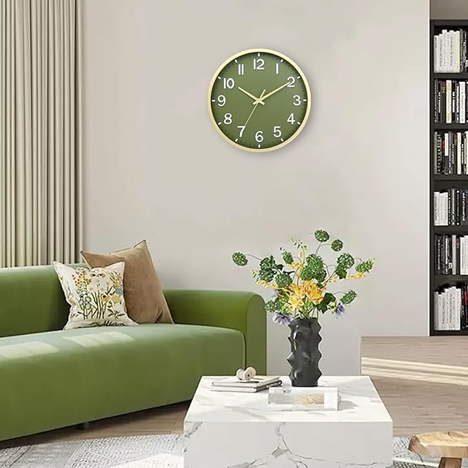 Wall Clocks Battery Operated 10 inch Modern Wall Clock,Silent Non Ticking Wall Clock for Living Room Bedroom Kitchen Office Classroom Decor (Green Gold)