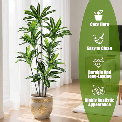 Dracaena Artificial Plant Indoor 6FT - Large Tropical Fake Tree with Lifelike Leaves - Tall Faux Floor Plant in Pot - Artificial Dracaena Tree Indoor for Home Office Living Room Decor