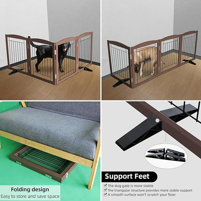 ZJSF Freestanding Dog Fence Indoor, Foldable Dog Gate for Doorways, Stairs or Hallways, Sturdy Wood Extra Wide Pet Gate with Support Feet for The House, Brown, 24 "Height-2 Panels