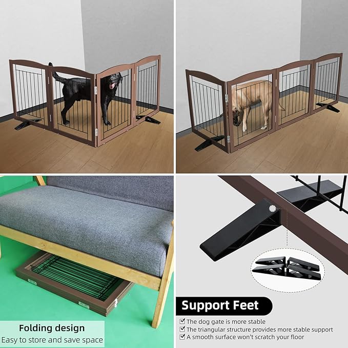 ZJSF Freestanding Dog Fence Indoor, Foldable Dog Gate for Doorways, Stairs or Hallways, Sturdy Wood Extra Wide Pet Gate with Support Feet for The House, Brown, 32 "Height-2 Panels