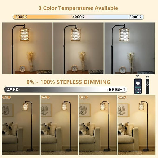 Floor Lamp with Remote, Dimmable Rattan Floor Lamp with LED Bulb, Industrial Black Tall Pole Lamp with Rattan & Fabric Shades, Boho Farmhouse Standing Lamps for Living Room Bedroom Office