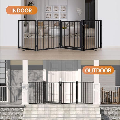 Full Metal Freestanding Dog Gate with Door, 24'' Height Foldable Pet Dog Fence for Indoor & Outdoor, 6 Panels Extra Wide Free Standing SmallDog Gates for Doorways,House,Stairs,Porch,Deck,Yard