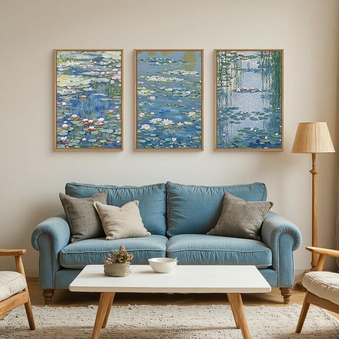 Large Nature Lilies Ponds Framed Canvas Wall Art,Impressionist Flower Wall Decor,Claude Monet Style Wall Painting,Garden Botanical Artwork for Living Room,Bedroom,Dining Room,Office -16"x24"x3