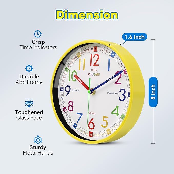 VIKMARI Learning Clock for Kids - Small Silent Non-Ticking Colorful Teaching Clocks Telling The Time for Teaching Time-Decorative Clocks for Kids Room Classroom School Playroom (8 Inch)
