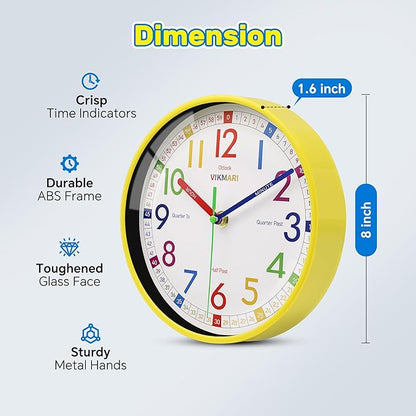 VIKMARI Learning Clock for Kids - Small Silent Non-Ticking Colorful Teaching Clocks Telling The Time for Teaching Time-Decorative Clocks for Kids Room Classroom School Playroom (8 Inch)