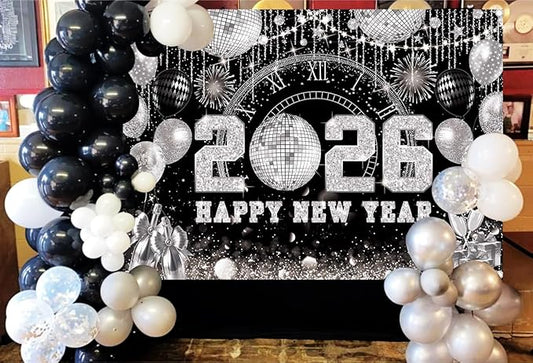 Happy New Year 2026 Black Silver Backdrop 2026 New Year Eve Countdown Photo Background Cheer to 2026 Party Decoration Banner Photo Supplies