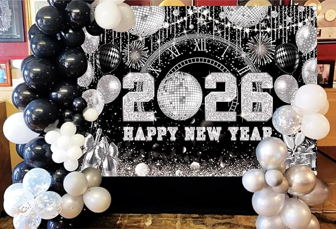 8x6ft Happy New Year 2026 Black Silver Backdrop 2026 New Year Eve Countdown Photo Background Cheer to 2026 Party Decoration Banner Photo Supplies