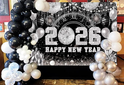 8x6ft Happy New Year 2026 Black Silver Backdrop 2026 New Year Eve Countdown Photo Background Cheer to 2026 Party Decoration Banner Photo Supplies