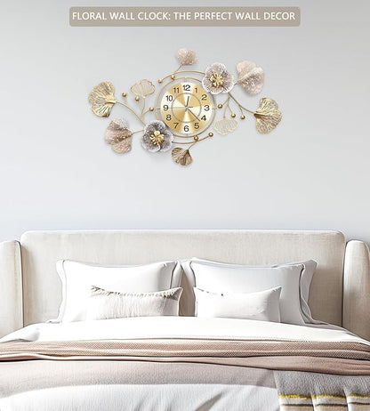 Clocks for Living Room, Large Wall Clock, 3D Silent Wall Clock, Retro Metal Ginkgo Leaf Design, for Bedroom Kitchen Decorative Wall Clocks（32''x18'' ）