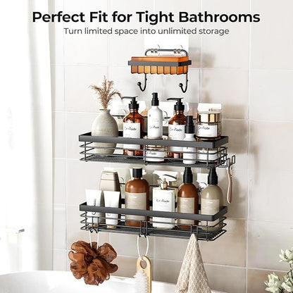 Orimade Adhesive Shower Caddy Soap Dish Holder Shelf with 5 Hooks Bathroom Organizer Basket Kitchen Storage Rack Wall Mounted No Drilling Stainless Steel - 3 Pack, Black