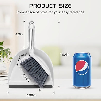 NACENA Mini Broom and Dustpan Set, Small Dust Pan and Brush Set with Handle Dustpan Teeth for Cleaning Hair Suitable for Office Desks Drawers Sofas Pet Care Outdoor Camping, White & Gray