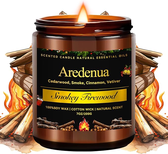Firewood Scented Candles | Smokey Wooden Scented Candles - 7 oz Soy Candle with Warm Wood Smoke Aroma, Woody Scented Ideal for Cozy Cabin, Holiday Gifts for Men & Women