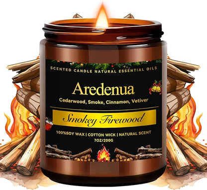 Firewood Scented Candles | Smokey Wooden Scented Candles - 7 oz Soy Candle with Warm Wood Smoke Aroma, Woody Scented Ideal for Cozy Cabin, Holiday Gifts for Men & Women