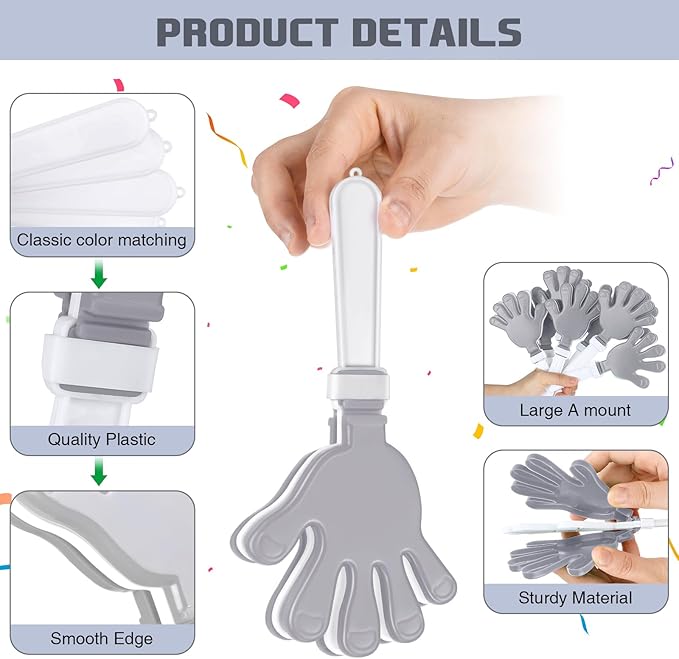 Junkin 48 Pcs Hand Clappers Bulk 7. 5 x 3. 5 Inches Noise Makers Party Favors Clapping Noise Maker Clacker for Birthdays Game Prizes Rewards Football Sporting Events Cheers Supplies (Silver,White)