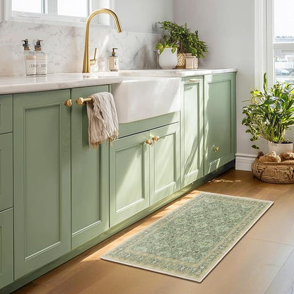 Jainmy Sage Green Small 2x3 Rug, Boho Floral Moroccan Printed Door Rugs for Entryway Indoor, Washable Non Slip Low Pile Thin Soft Door Mat Indoor Entrance for Kitchen Bathroom Laundry Room Bedside