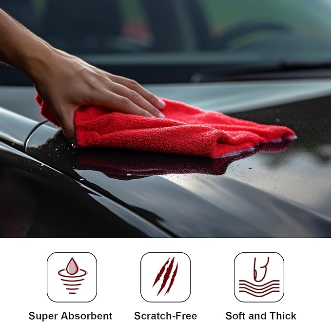 Shimeyao 30 Pcs 16 x 16 Inch Edgeless Microfiber Plush Towels for Cars Detailing Drying Wash Polishing Absorbent Cleaning Cloths, 500 GSM (16 x 16 Inch, Red, 30 Pcs)