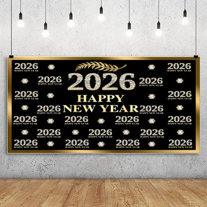 Leyiyi 20x10ft 2026 Happy New Year Backdrop Sparkling Diamond Black and Gold Photography Background Step and Repeat Diamond 2026 Photo Backdrop New Year Eve Holiday Party Photo Props