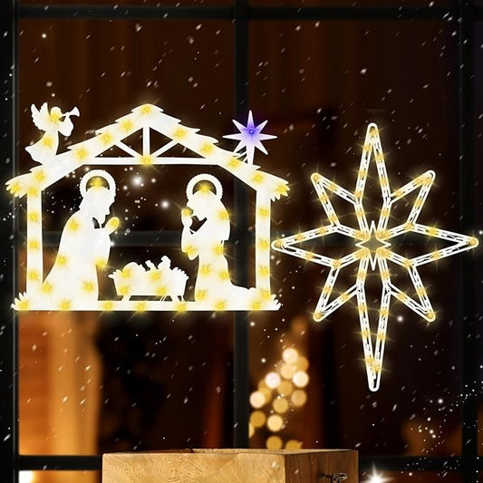 Christmas Decorations - 16" Christmas Window Silhouette Lights - 2 Pack Colour Lighted Bethlehem Star & Nativity for Holiday Indoor and Outdoor Wall Door Window Decorate