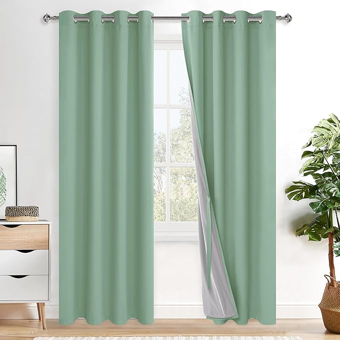 XWZO 100% Blackout Curtains with Tiebacks- 2 Thick Layers Completely Shaded Window Treatment Thermal Insulated Lined Drapes for Bedroom/Patio Door, Grommet, Light Sage, W52 x L84, Set of 2 Panels