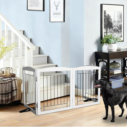 ZJSF Freestanding Dog Fence Indoor, Foldable Dog Gate for Doorways, Stairs or Hallways, Sturdy Wood Extra Wide Pet Gate with Support Feet for The House, White, 24 "Height-3 Panels