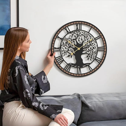 Micasso Non-Ticking Large Wall Clock: 18Inch Tree of Life Metal Black with Solid Wood Frame - Battery Operated Silent Clock for Living Room/Office/Bedroom/Kitchen - Home Decor for Vintage Style