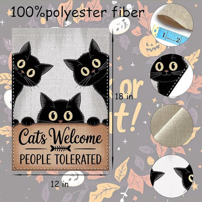 Fokongna Cats Welcome Garden Flag, Cats Welcome People Tolerated Sign Flag, 12x18 Inch Burlap Vertical Double Sided Flags, for Home Yard Outside Decorations
