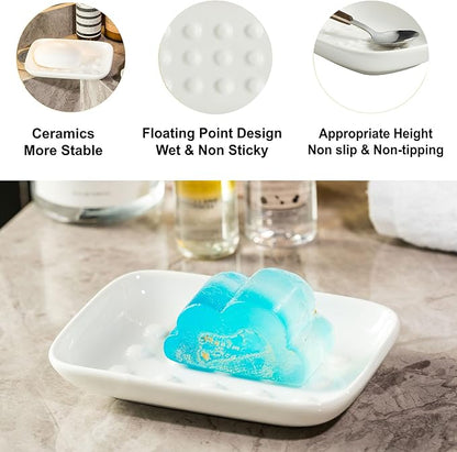 Soap Dish, Ceramic Soap Holder Shower Soap Dish for Bar Soap Sponge, Soap Saver Tray for Bathroom Kitchen Sink, White
