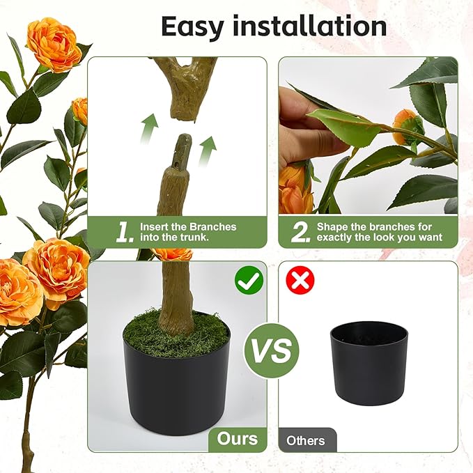 47" Artificial Camellia Tree,2 Pack Fake Flower Plants Artificial Tree with Greenery Leave, Faux Plants with Orange Flowers for Summer Modern Office Outdoor Outside Decor Front Door