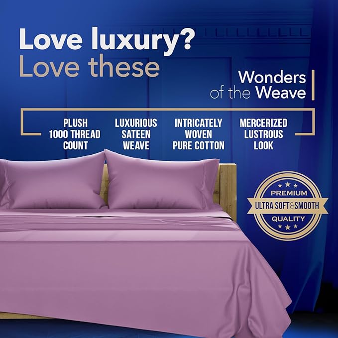 TEXAS LINEN CO. 100% Egyptian Cotton King Size Sheet Set - 1000 Thread Count 4 PC Cotton Sheets for King Bed, Soft, Cooling Extra Long Staple Luxury Hotel Sheets - Fits Upto 18” Deep Pocket - Plum
