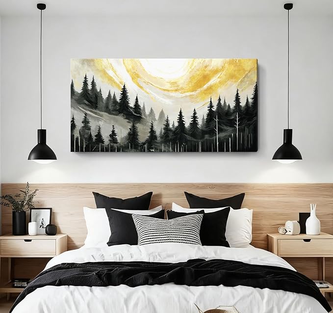 ARTZON Large Abstract Wall Art- Modern Black White Yellow Tree of Life Forest Canvas Print Pine Landscape Nature Horizontal Artwork Minimalist Picture for Living Room Bedroom Office Decor 48"x24"